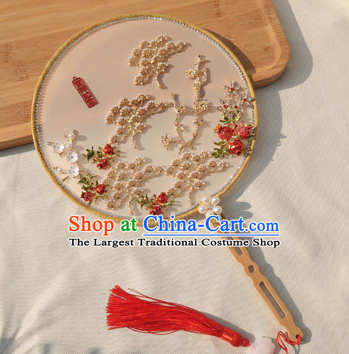 China Handmade Wedding White Palace Fan Classical Dance Circular Fan Traditional Bride Plum Blossom Silk Fan
