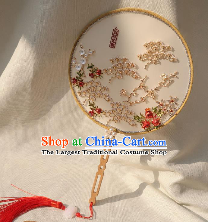 China Handmade Wedding White Palace Fan Classical Dance Circular Fan Traditional Bride Plum Blossom Silk Fan