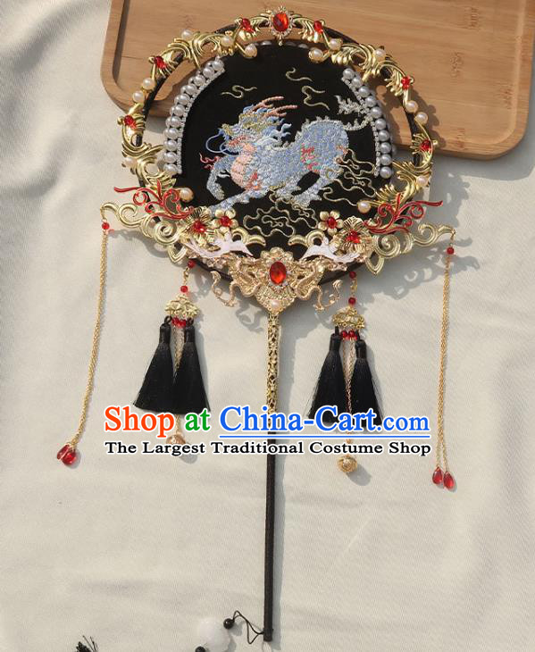 China Classical Dance Black Silk Fan Traditional Wedding Embroidered Kylin Circular Fan Handmade Bride Palace Fan