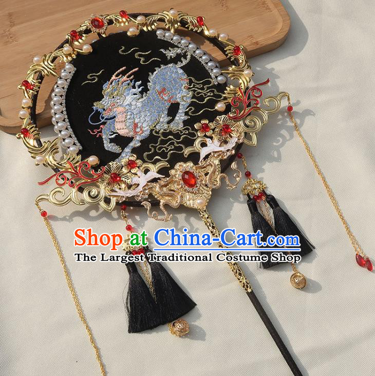 China Classical Dance Black Silk Fan Traditional Wedding Embroidered Kylin Circular Fan Handmade Bride Palace Fan