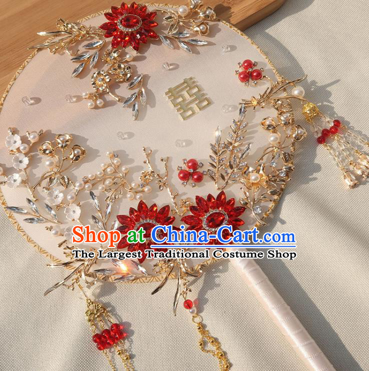 China Handmade Wedding Red Crystal Flowers Palace Fan Classical Dance Circular Fan Traditional Bride Pearls Silk Fan