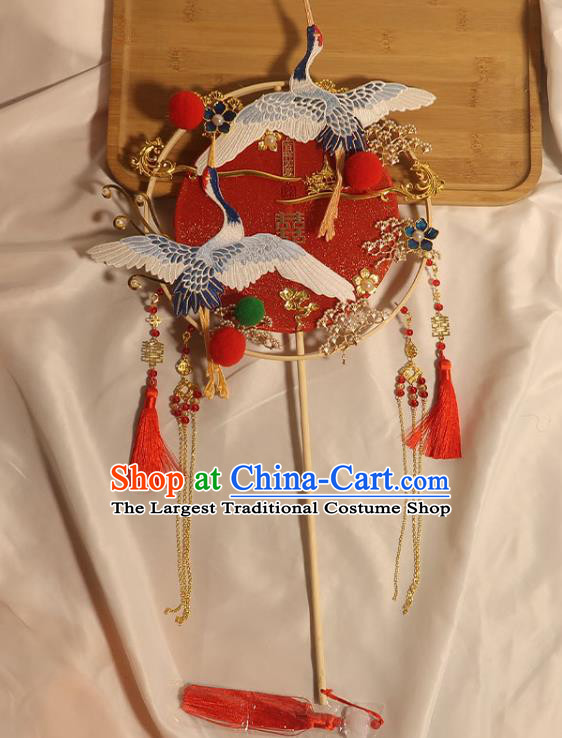 China Handmade Bride Palace Fan Classical Dance Red Circular Fan Traditional Wedding Embroidered Crane Fan