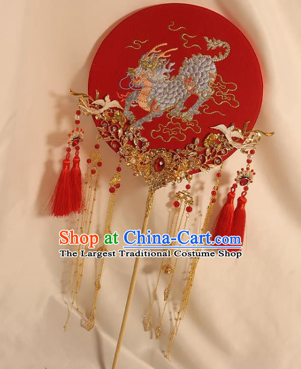 China Classical Dance Embroidered Kylin Circular Fan Handmade Bride Palace Fan Traditional Wedding Red Fan