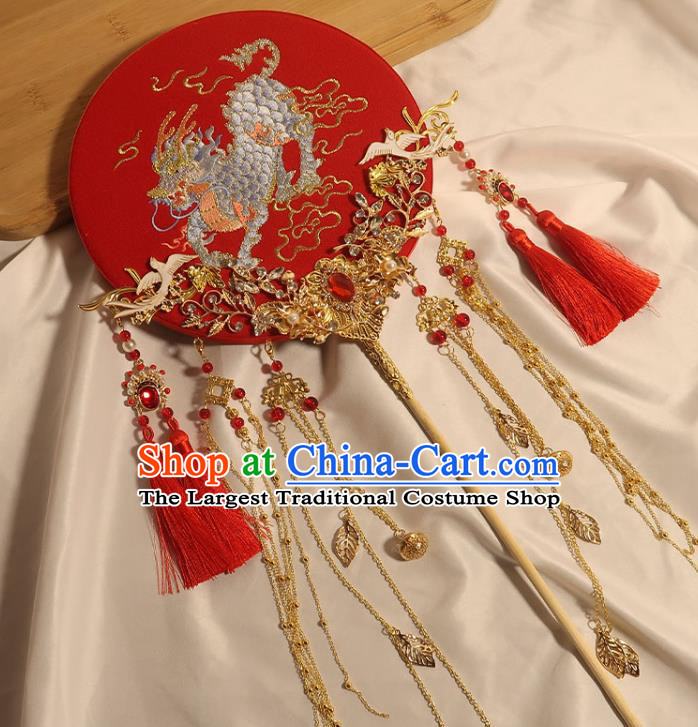 China Classical Dance Embroidered Kylin Circular Fan Handmade Bride Palace Fan Traditional Wedding Red Fan