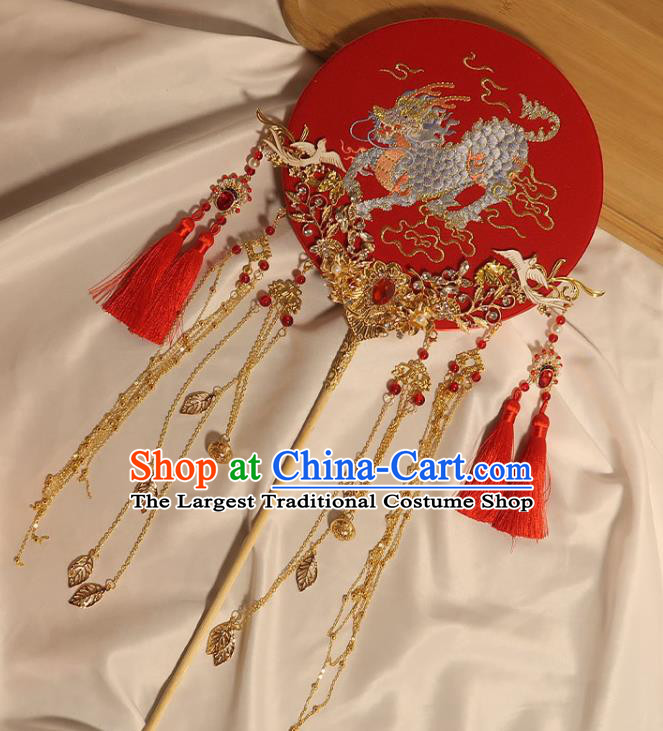 China Classical Dance Embroidered Kylin Circular Fan Handmade Bride Palace Fan Traditional Wedding Red Fan