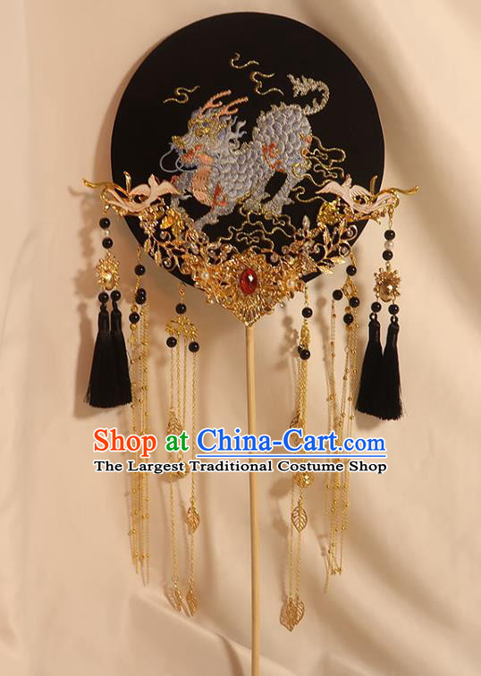 China Handmade Bride Palace Fan Traditional Wedding Black Fan Classical Dance Embroidered Kylin Circular Fan