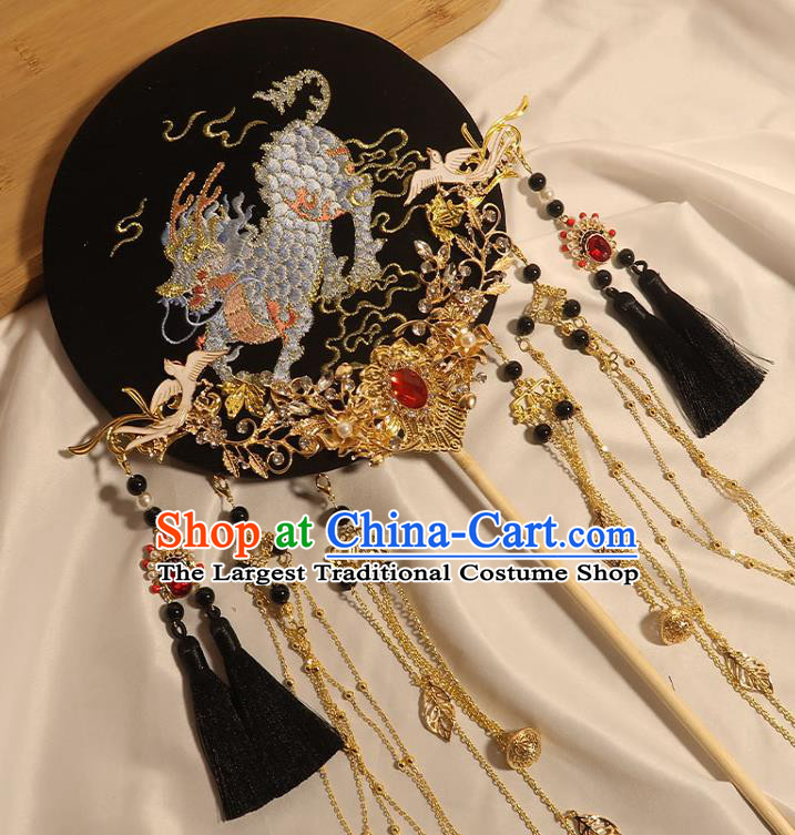 China Handmade Bride Palace Fan Traditional Wedding Black Fan Classical Dance Embroidered Kylin Circular Fan