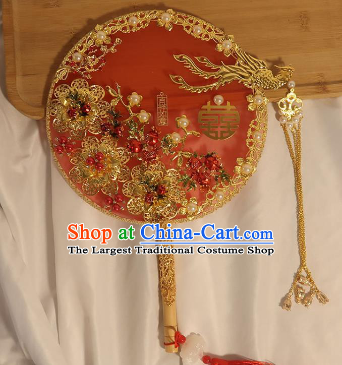 China Handmade Bride Golden Phoenix Palace Fan Traditional Wedding Circular Fan Classical Dance Pomegranate Fan