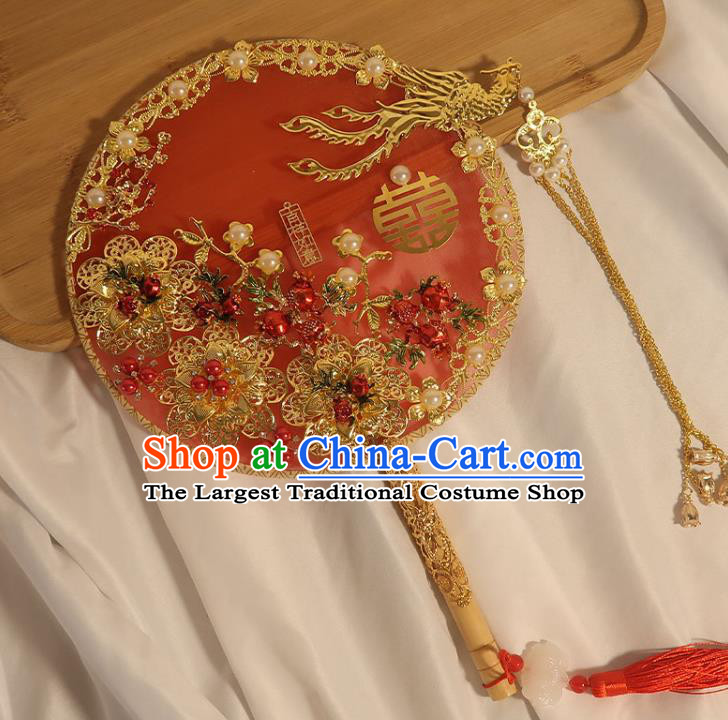 China Handmade Bride Golden Phoenix Palace Fan Traditional Wedding Circular Fan Classical Dance Pomegranate Fan