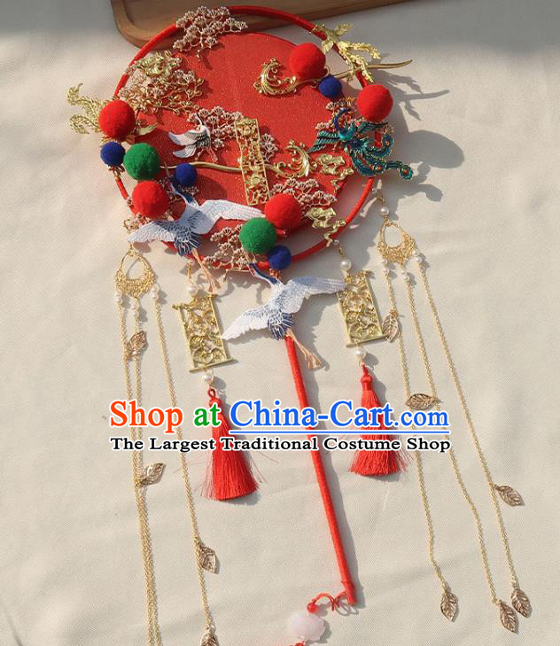 China Classical Dance Red Silk Fan Traditional Wedding Embroidered Crane Circular Fan Handmade Bride Golden Tassel Palace Fan