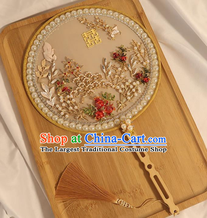 China Traditional Wedding White Silk Circular Fan Classical Dance Pomegranate Fan Handmade Bride Pearls Palace Fan