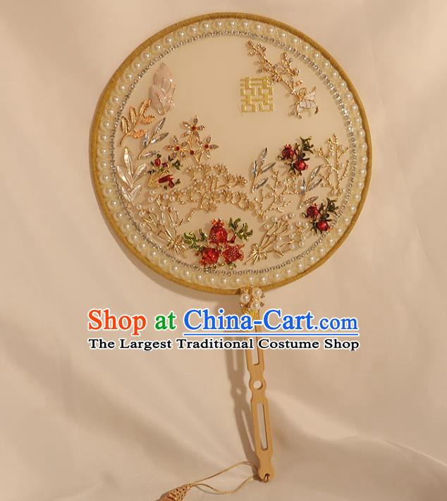 China Traditional Wedding White Silk Circular Fan Classical Dance Pomegranate Fan Handmade Bride Pearls Palace Fan