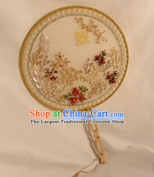 China Traditional Wedding White Silk Circular Fan Classical Dance Pomegranate Fan Handmade Bride Pearls Palace Fan