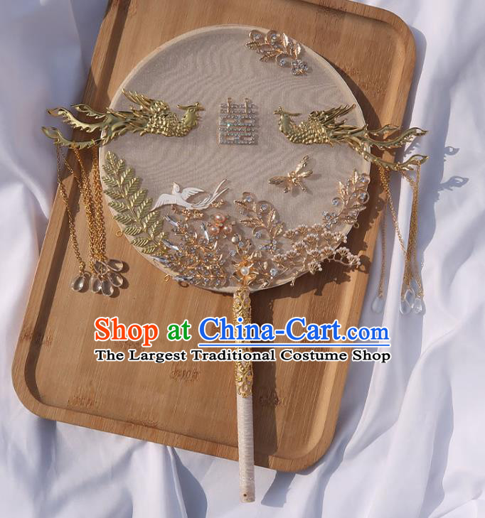 China Classical Dance Golden Phoenix Fan Handmade Bride Palace Fan Traditional Wedding White Silk Circular Fan