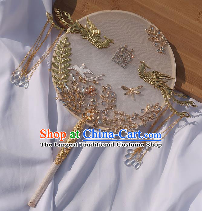 China Classical Dance Golden Phoenix Fan Handmade Bride Palace Fan Traditional Wedding White Silk Circular Fan