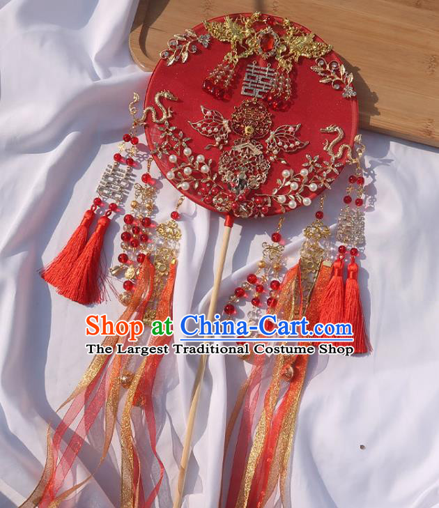 China Classical Dance Silk Fan Handmade Bride Palace Fan Traditional Wedding Red Ribbon Circular Fan