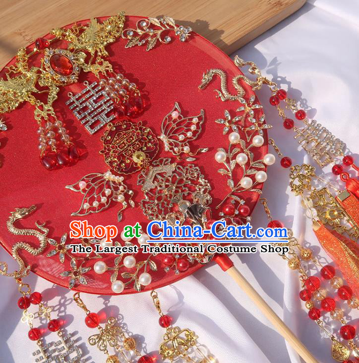 China Classical Dance Silk Fan Handmade Bride Palace Fan Traditional Wedding Red Ribbon Circular Fan