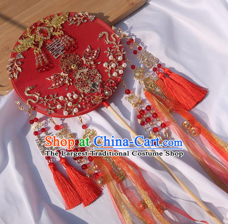 China Classical Dance Silk Fan Handmade Bride Palace Fan Traditional Wedding Red Ribbon Circular Fan