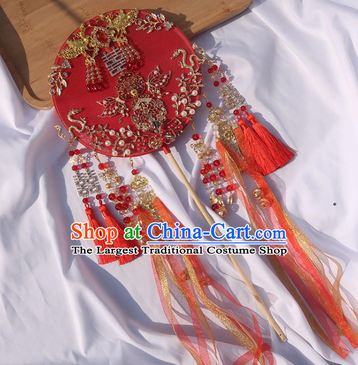 China Classical Dance Silk Fan Handmade Bride Palace Fan Traditional Wedding Red Ribbon Circular Fan