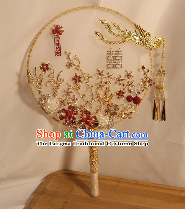 China Traditional Wedding Red Cherry Circular Fan Classical Dance Silk Fan Handmade Bride Shell Rose Palace Fan