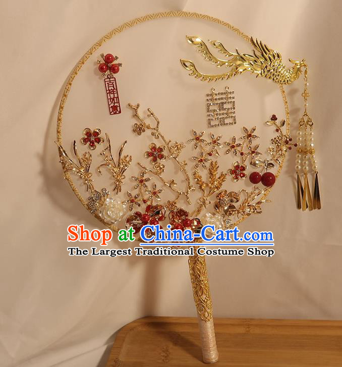 China Traditional Wedding Red Cherry Circular Fan Classical Dance Silk Fan Handmade Bride Shell Rose Palace Fan
