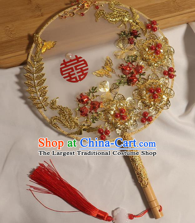 China Classical Dance White Silk Fan Handmade Bride Palace Fan Traditional Wedding Golden Peony Circular Fan