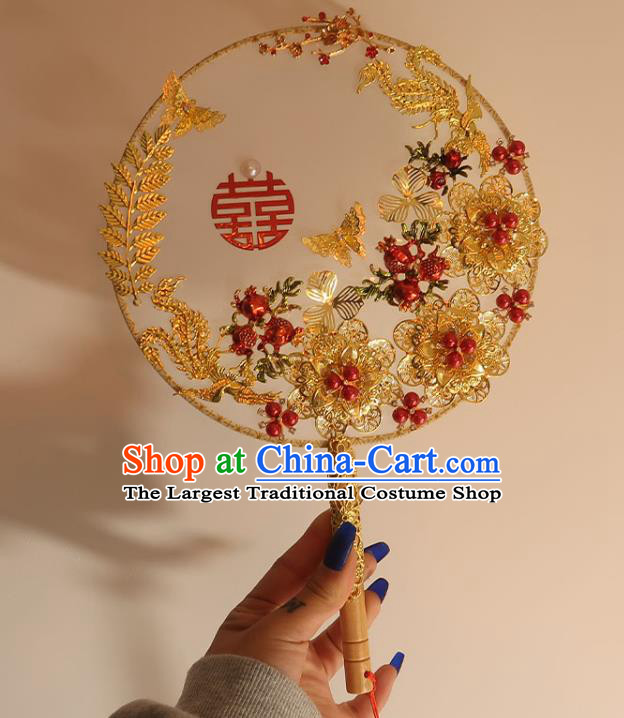 China Classical Dance White Silk Fan Handmade Bride Palace Fan Traditional Wedding Golden Peony Circular Fan