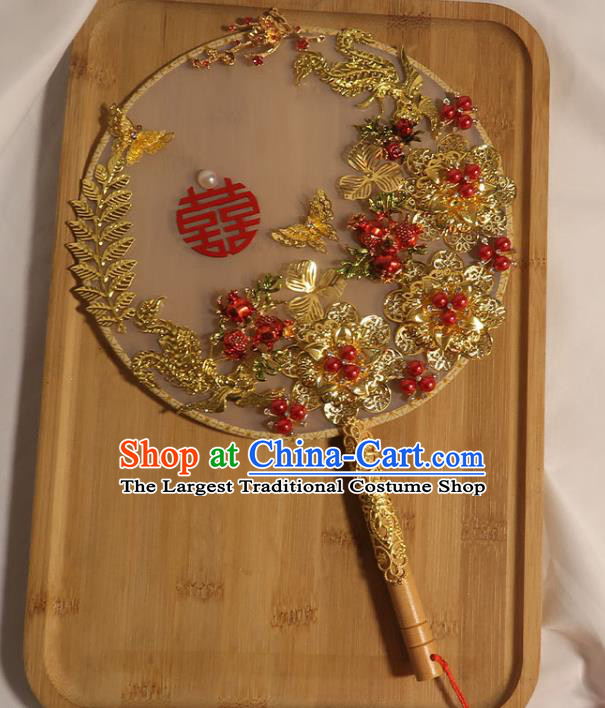 China Classical Dance White Silk Fan Handmade Bride Palace Fan Traditional Wedding Golden Peony Circular Fan