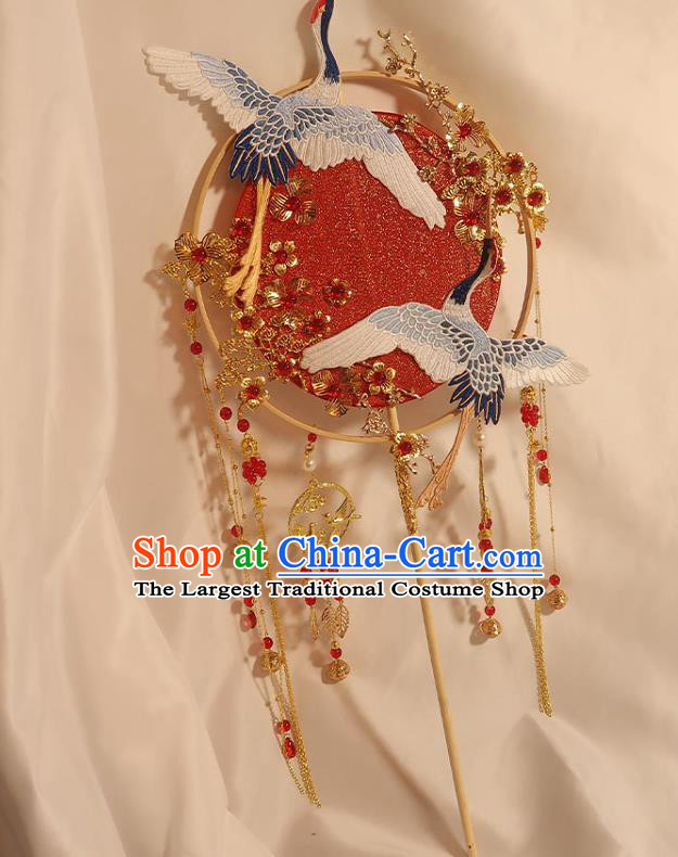 China Traditional Wedding Embroidered Crane Circular Fan Handmade Bride Palace Fan Classical Dance Red Silk Fan