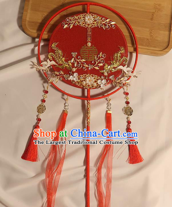 China Traditional Wedding Pearls Plum Fan Handmade Bride Red Silk Palace Fan Classical Dance Circular Fan