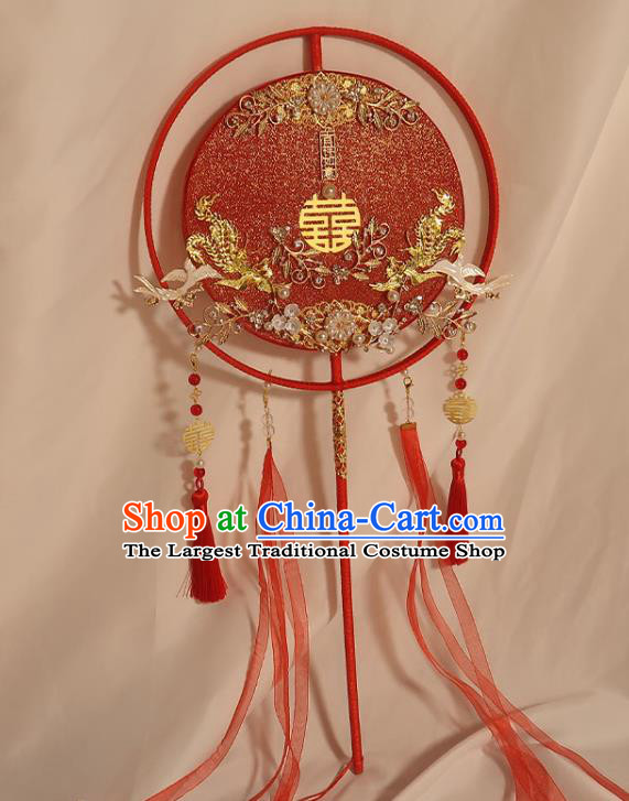 China Traditional Wedding Pearls Plum Fan Handmade Bride Red Silk Palace Fan Classical Dance Circular Fan