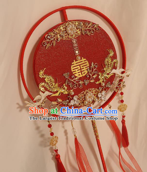 China Traditional Wedding Pearls Plum Fan Handmade Bride Red Silk Palace Fan Classical Dance Circular Fan