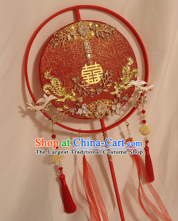 China Traditional Wedding Pearls Plum Fan Handmade Bride Red Silk Palace Fan Classical Dance Circular Fan