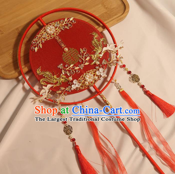 China Traditional Wedding Pearls Plum Fan Handmade Bride Red Silk Palace Fan Classical Dance Circular Fan