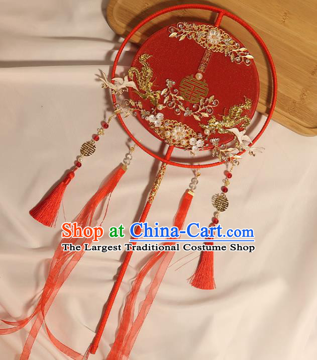 China Traditional Wedding Pearls Plum Fan Handmade Bride Red Silk Palace Fan Classical Dance Circular Fan