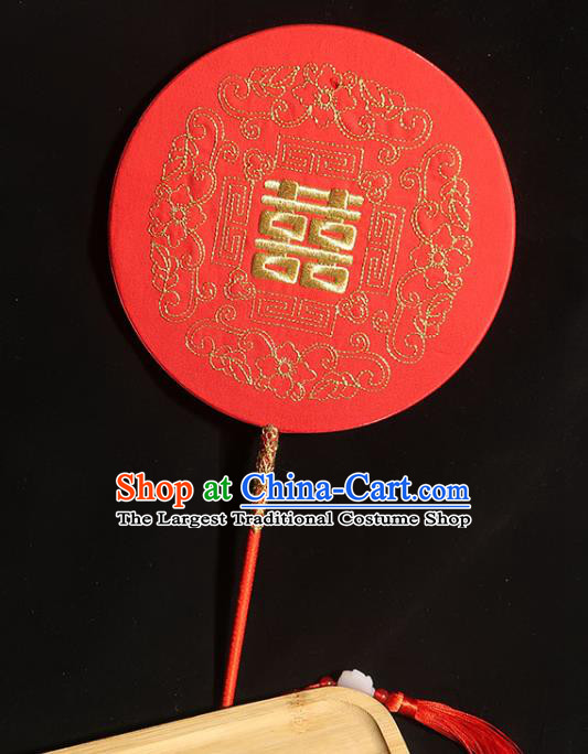 China Handmade Bride Embroidered Palace Fan Classical Dance Circular Fan Traditional Wedding Red Silk Fan