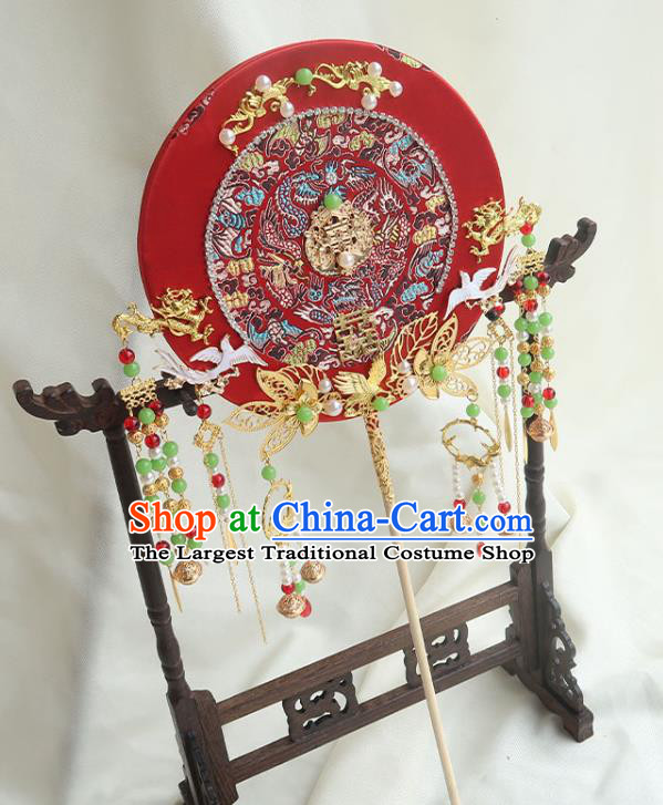 China Bride Beads Tassel Palace Fan Traditional Wedding Embroidered Red Circular Fan Handmade Hanfu Fan