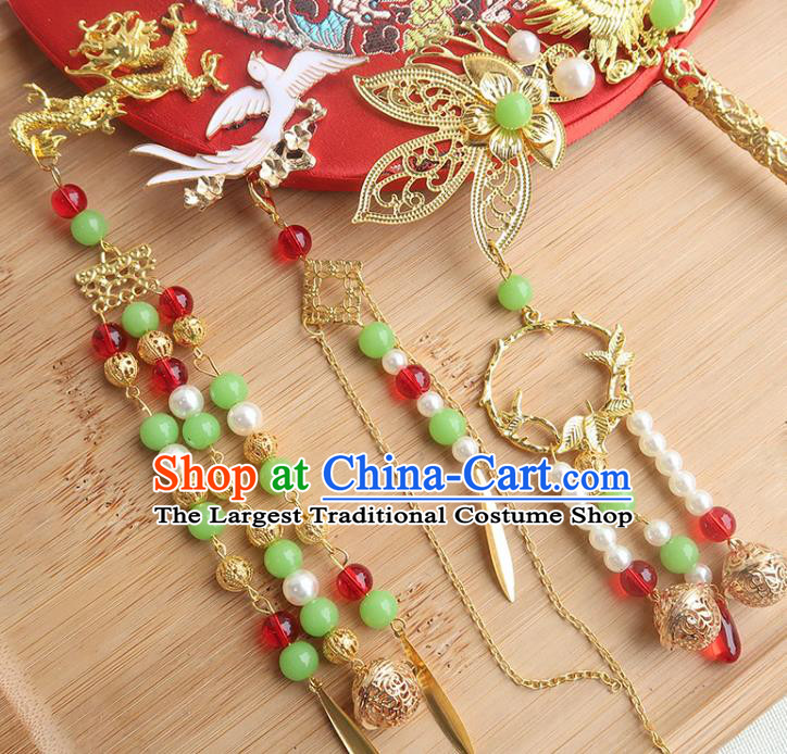 China Bride Beads Tassel Palace Fan Traditional Wedding Embroidered Red Circular Fan Handmade Hanfu Fan