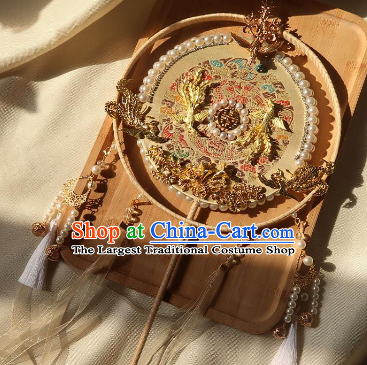 China Ancient Princess Circular Fan Traditional Golden Phoenix Palace Fan Handmade Hanfu Light Yellow Silk Fan