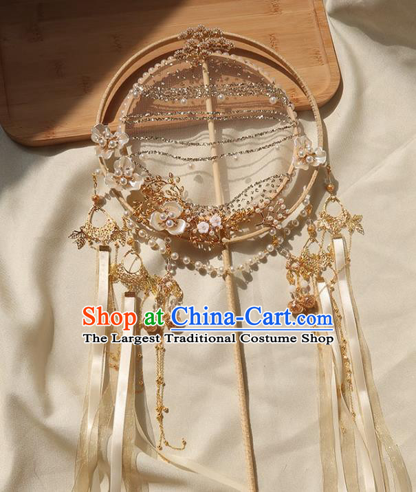 China Handmade Hanfu Silk Fan Traditional Wedding Palace Fan Ancient Princess Ribbon Tassel Circular Fan