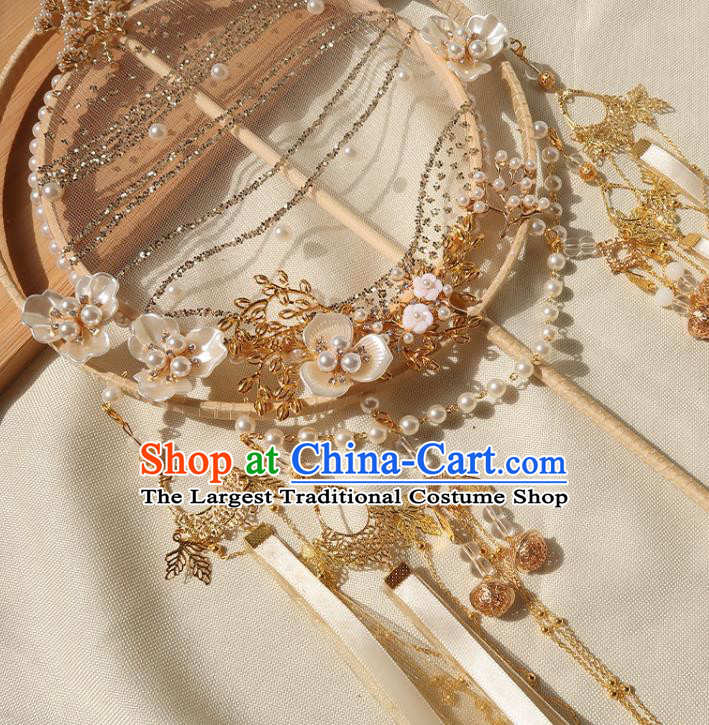 China Handmade Hanfu Silk Fan Traditional Wedding Palace Fan Ancient Princess Ribbon Tassel Circular Fan