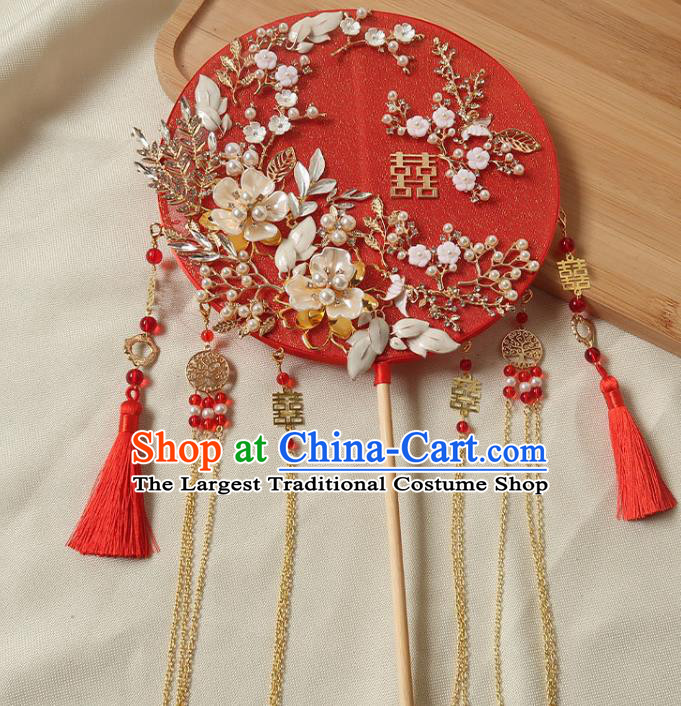 China Traditional Wedding Red Palace Fan Handmade Hanfu Fan Ancient Princess Plum Blossom Circular Fan