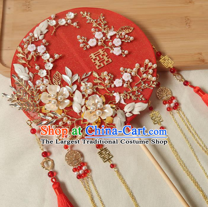 China Traditional Wedding Red Palace Fan Handmade Hanfu Fan Ancient Princess Plum Blossom Circular Fan