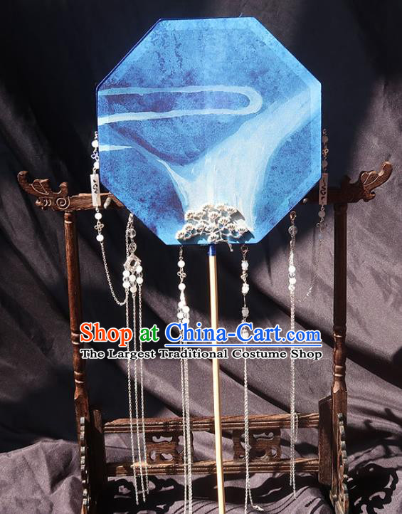 China Traditional Wedding Tassel Palace Fan Handmade Hanfu Fan Ancient Princess Blue Silk Circular Fan