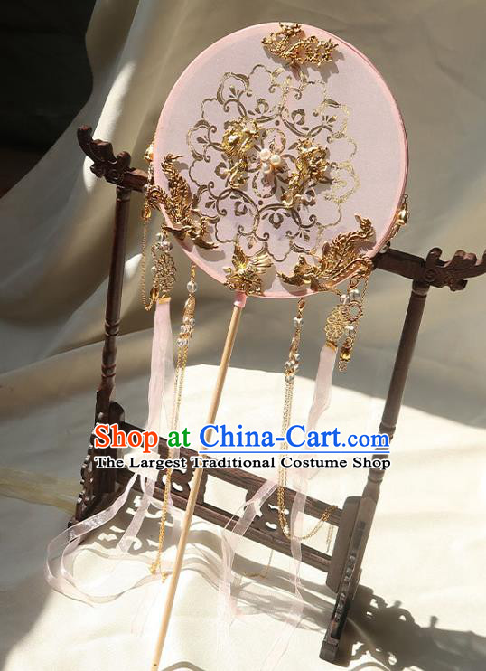 China Ancient Princess Pink Silk Circular Fan Handmade Hanfu Fan Traditional Wedding Ribbon Tassel Palace Fan