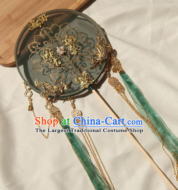 China Handmade Hanfu Fan Traditional Wedding Green Ribbon Tassel Palace Fan Ancient Princess Silk Circular Fan