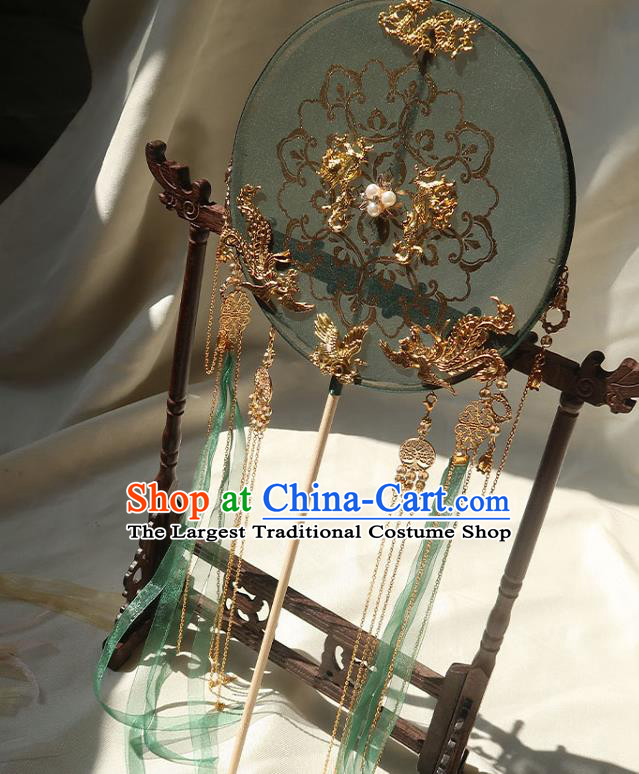 China Handmade Hanfu Fan Traditional Wedding Green Ribbon Tassel Palace Fan Ancient Princess Silk Circular Fan
