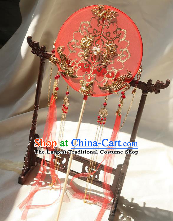 China Traditional Wedding Red Ribbon Tassel Palace Fan Ancient Princess Circular Fan Handmade Hanfu Silk Fan
