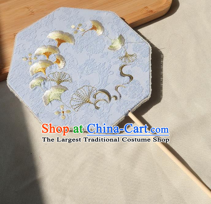 China Traditional Fan Ancient Princess Octagon Fan Handmade Hanfu Blue Silk Fan Wedding Embroidered Ginkgo Palace