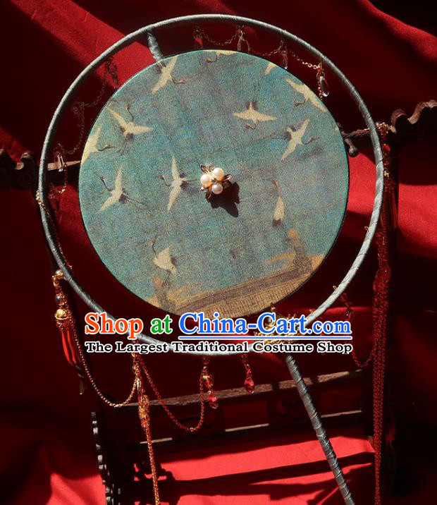 China Traditional Wedding Printing Cranes Palace Fan Ancient Princess Circular Fan Handmade Hanfu Green Silk Fan